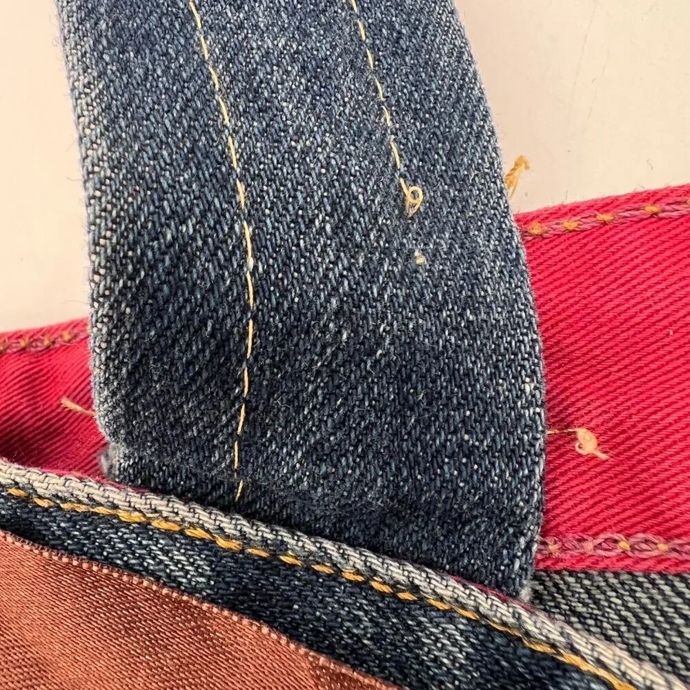Upcycled Denim Handbag Purse Chic Beaded Pockets & Brown Ribbon FM Jeans Button - Picture 12 of 14
